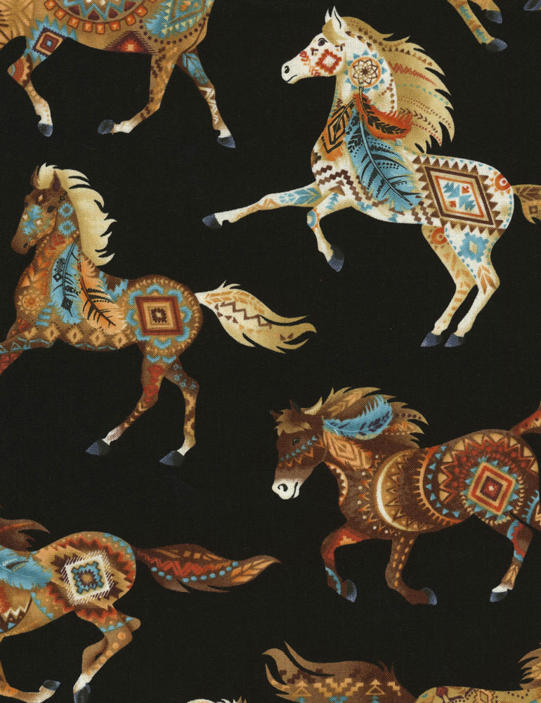 Fat Quarter Southwest Horses Black 100% Cotton Quilting Fabric