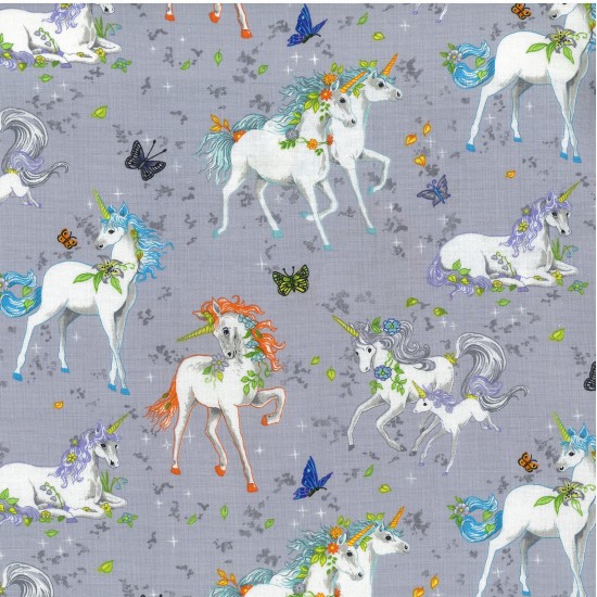 Fat Quarter Pretty Please Grey Fantasy Unicorn Family Cotton Qui