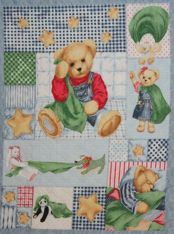 Blue Jean Blankie Bear Pre Quilted Sewing Quilting Cot Panel Cot