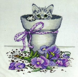Flowerpot Kitty Cat Counted Cross Stitch Kit