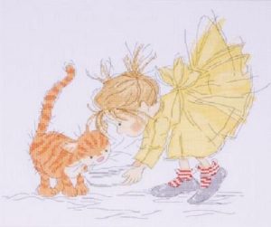 Kitty Dinner (Young Girl & Cat) Cross Stitch Kit - 10" x 12"