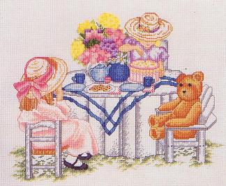 Three For Tea Cross Stitch Chart - Girls & Teddy