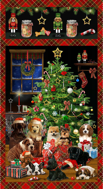 Fireside Pups Christmas Holiday Dogs Cotton Quilting Fabric Pane