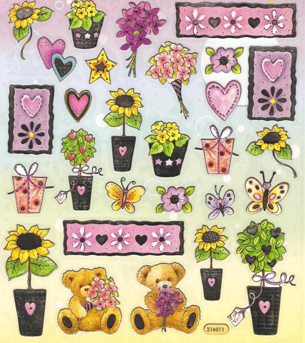 Floral (& 2 Teddy Bears) Sticker Sheet - 28 Stickers