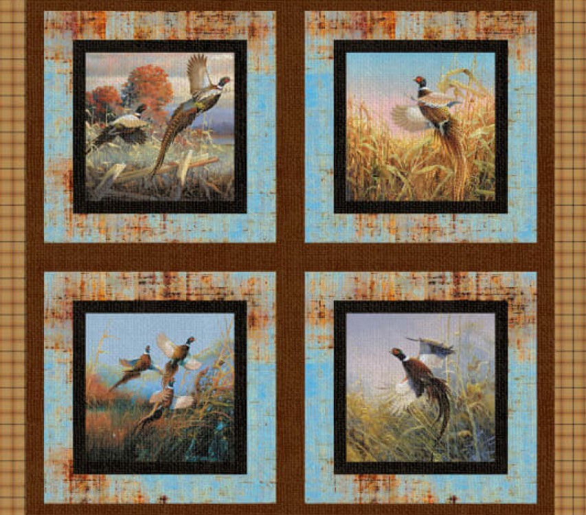 Pheasant Cushion Panels Cotton Fabric - 4 Panels - Wild Wing Series By Springs