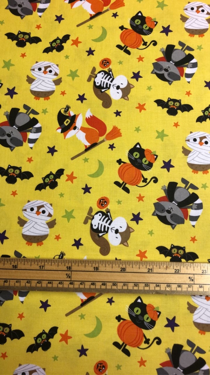 Fat Quarter Woodland Haunt Halloween Animals Yellow 100% Cotton Quilting Fabric