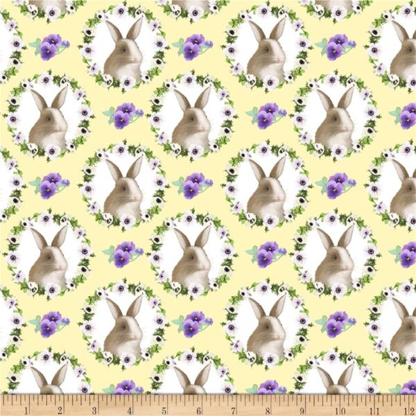 Fat Quarter Bunnies And Pansies On Yellow 100% Cotton Fabric