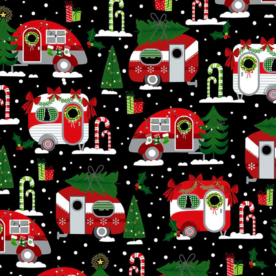Fat Quarter Christmas Camper Vans On Black 100% Cotton Quilting Fabric