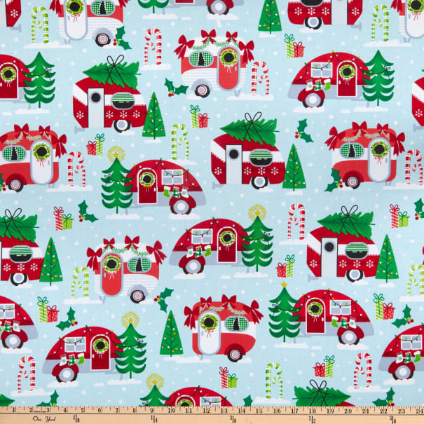 Fat Quarter Christmas Camper Vans On Sky Blue 100% Cotton Quilting Fabric