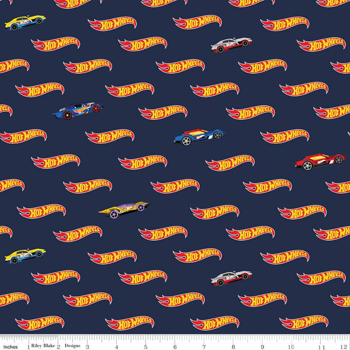 Fat Quarter Hot Wheels Cars Logo Navy 100% Cotton Fabric Riley Blake