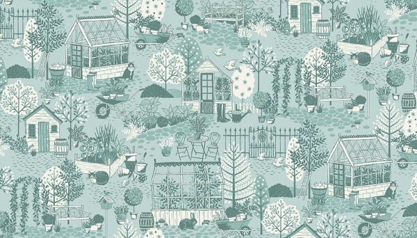 Fat Quarter Clara's Garden Scene On Blue 100%Cotton Quilting Fabric