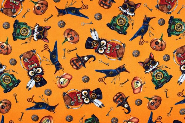 Fat Quarter Steampunk Halloween 100% Cotton Quilting Fabric - Orange