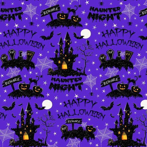 Fat Quarter Hocus Pocus Haunted Houses On Purple 100% Cotton Quilting Fabric