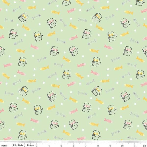 Fat Quarter Meow And Forever Sardines On Green 100% Cotton Fabric