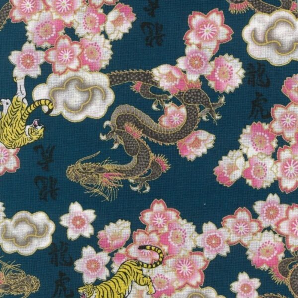 Fat Quarter Metallic Japanese Dragon, Tiger and Blossom Teal 100% Cotton Fabric