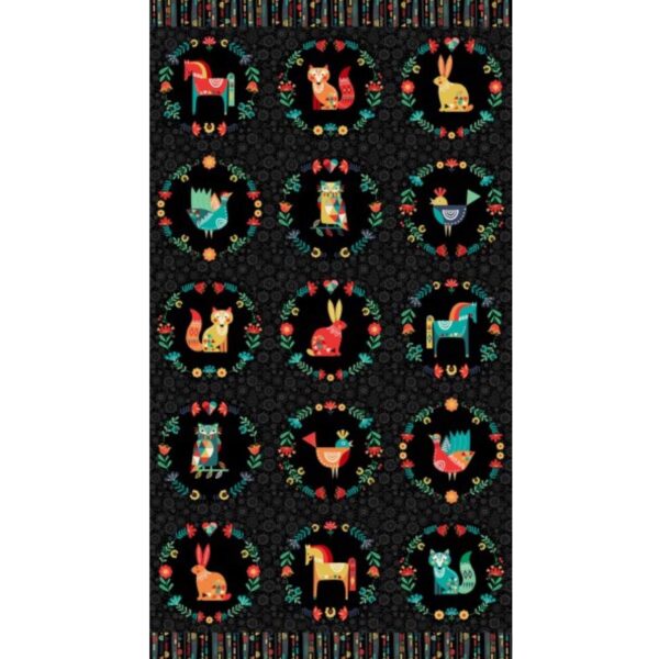 Folk Friends Colorful Animals On Black 100% Cotton Fabric Panel