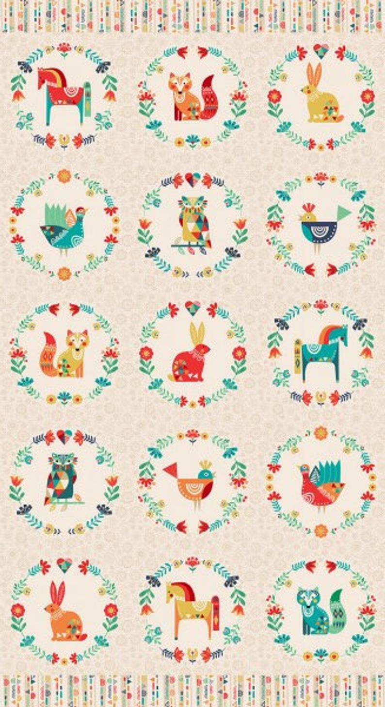 Folk Friends Colorful Animals On Cream 100% Cotton Fabric Panel