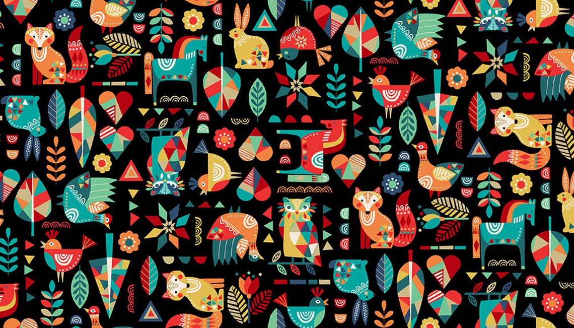 Fat Quarter Folk Friends Colorful Animals On Black 100% Cotton Quilting Fabric