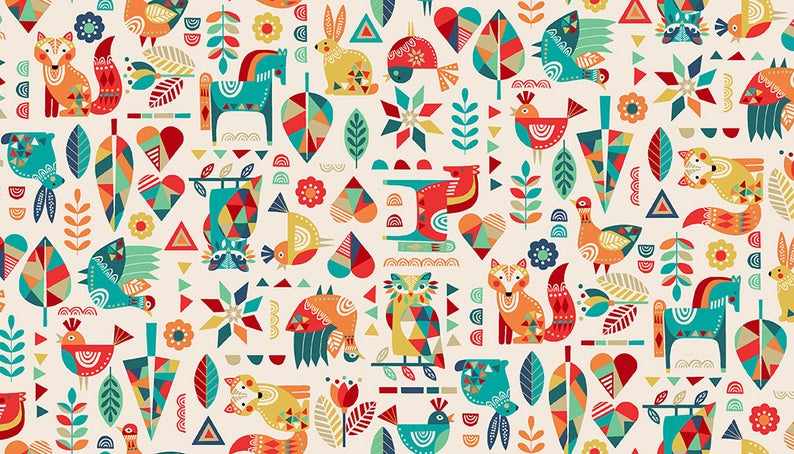 Fat Quarter Folk Friends Colorful Animals On Cream 100% Cotton Quilting Fabric
