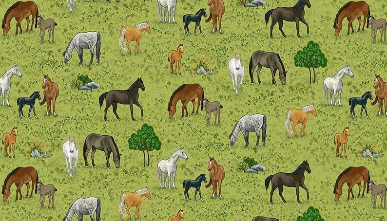 Fat Quarter Village Life Horses And Ponies In Fields 100% Cotton Quilting Fabric