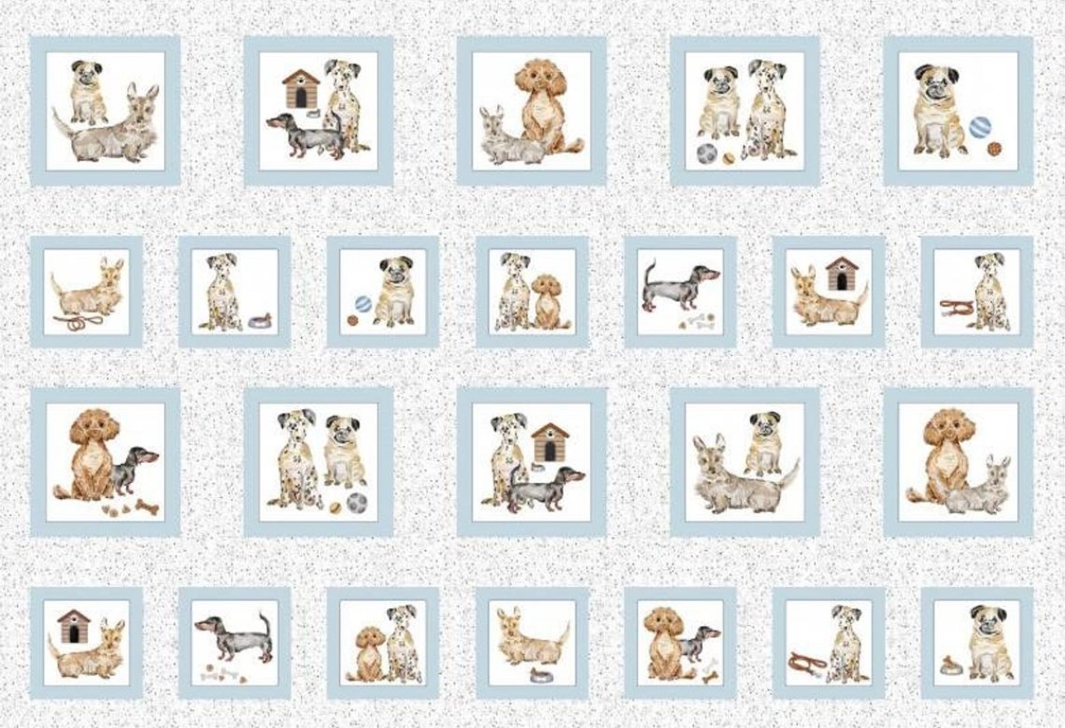 Pooch Portraits Puppy Dog Blocks Cotton Quilting Fabric 68cm x 110cm - 24 Blocks