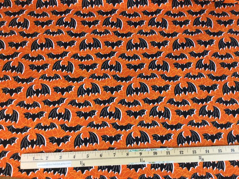 Fat Quarter Night Flight Halloween Bats On Orange 100% Cotton Fabric