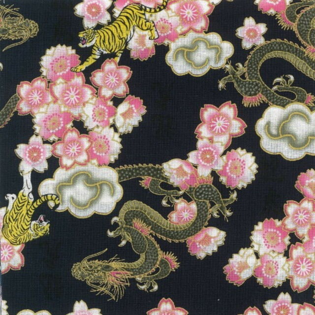 Fat Quarter Metallic Japanese Dragon, Tiger and Blossom Black 100% Cotton Fabric