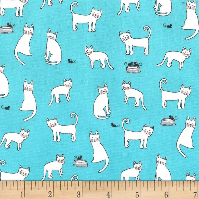 Fat Quarter Paw Prints Cleaver Cat, Mice and Bowls On Blue 100% Cotton Fabric