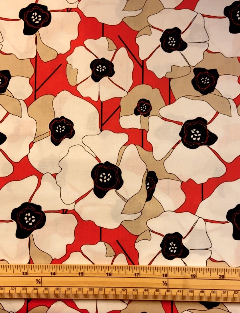 Fat Quarter Remembrance White Poppy Passion On Red 100% Cotton Quilting Fabric