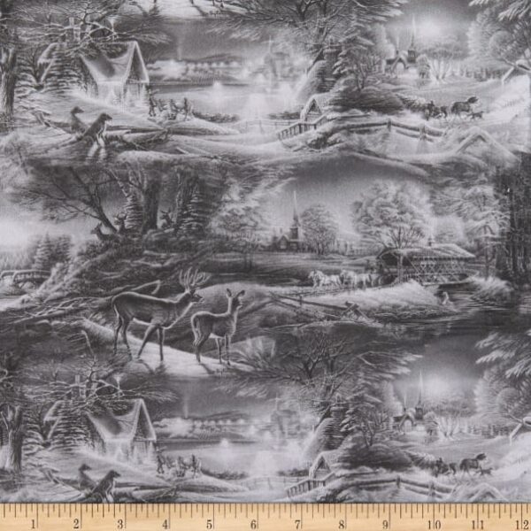 Fat Quarter Christmas Evening Frost Scene Dark Grey 100% Cotton Fabric