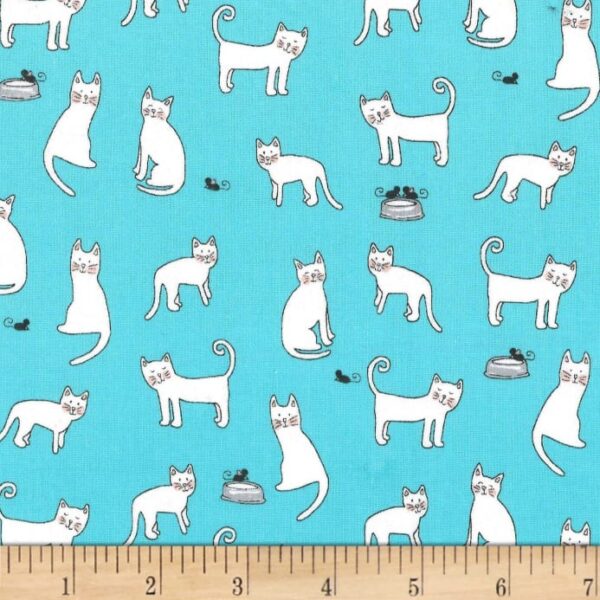 Fat Quarter Paw Prints Cleaver Cat, Mice and Bowls On Blue 100% Cotton Fabric