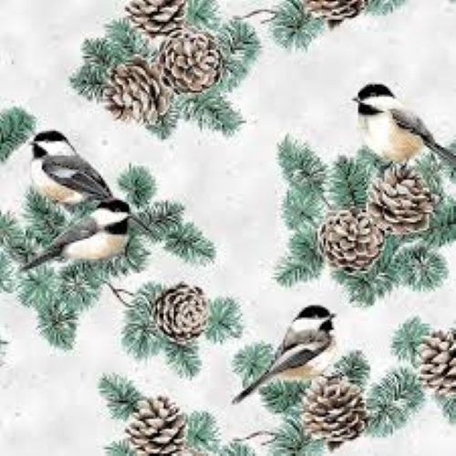 Fat Quarter Christmas First Snowfall Birds & Pinecones White 100% Cotton Fabric