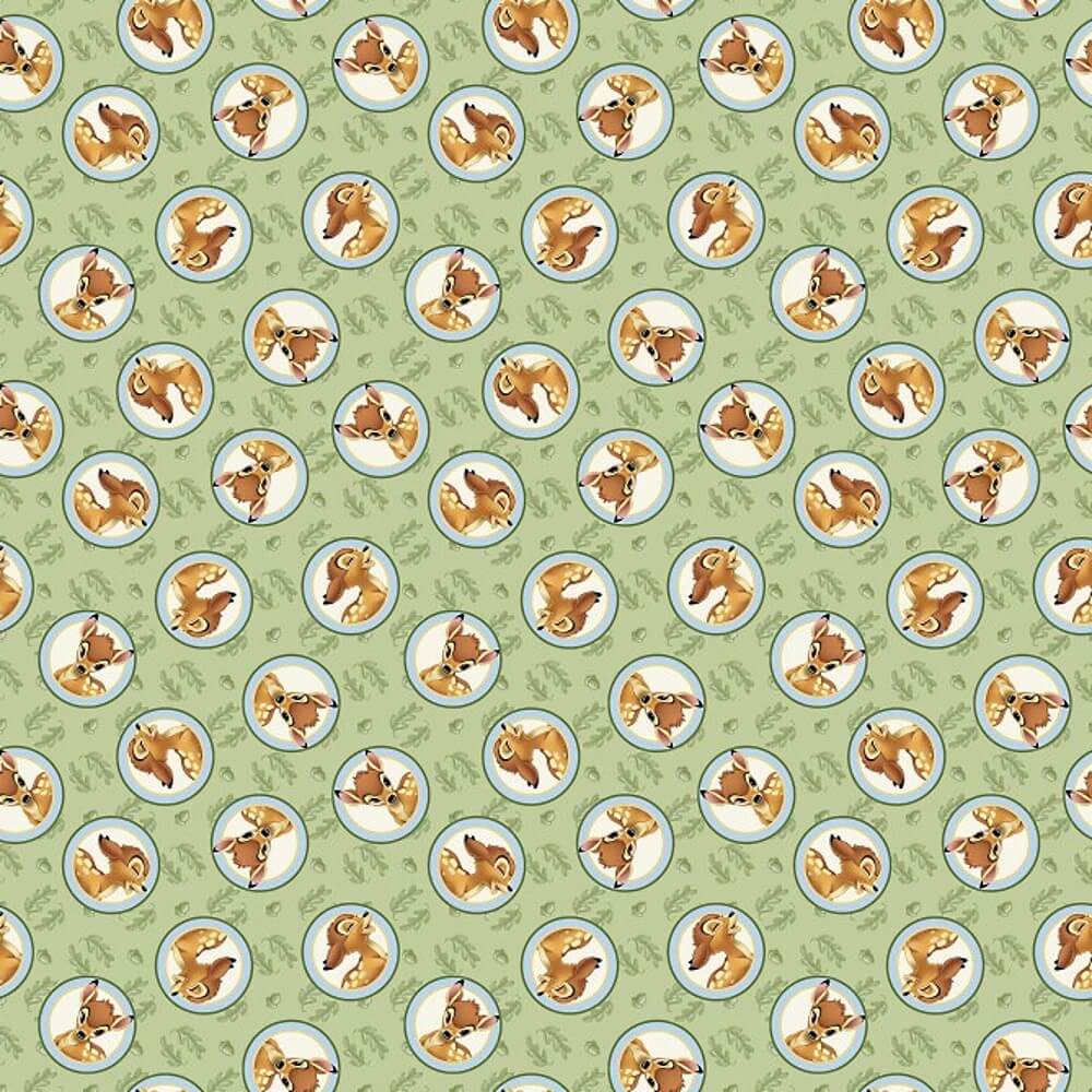 Fat Quarter Disney Bambi Framed On Green Oak Leaves 100% Cotton Quilting Fabric