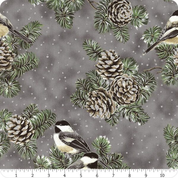 Fat Quarter Christmas First Snowfall Birds & Pinecones Grey 100% Cotton Fabric