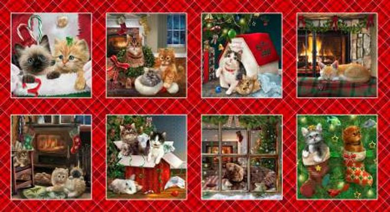 Christmas Fireside Kittens 8 Panel 100% Cotton Print Fabric