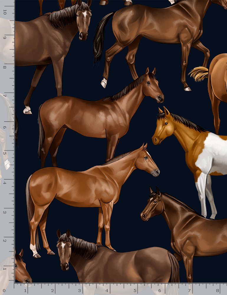 Fat Quarter Realistic Horses On Navy 100% Cotton Quilting Fabric