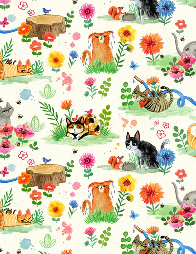 Fat Quarter Grumpy Garden Cats And Flowers 100% Cotton Fabric
