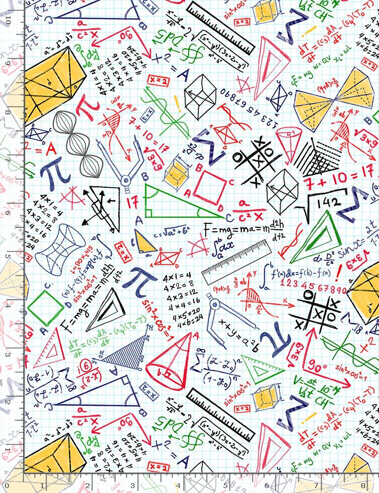 Fat Quarter Math Equations And Problems On White 100% cotton Fabric