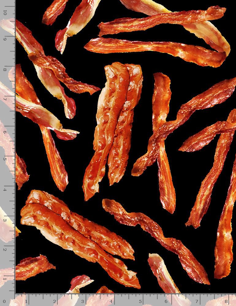 Fat Quarter Food Festival Bacon On Black 100% Cotton Quilting Fabric