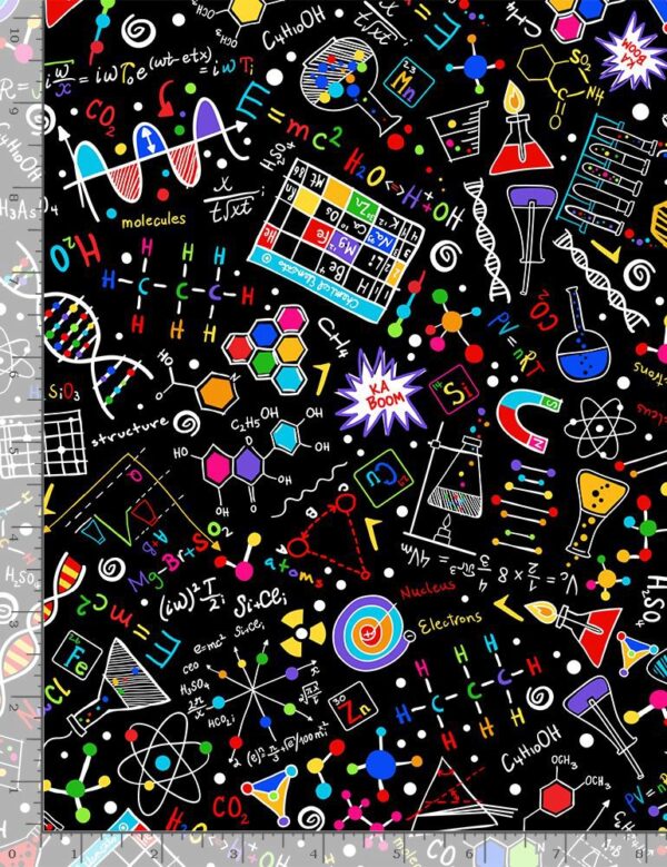 Fat Quarter Colorful Science Experiments On Black 100% Cotton Quilting Fabric