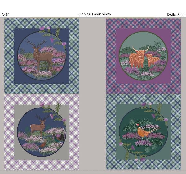 Iona Highland Cow, Stag, Thistles, Pheasant 4 Cushion Panels 100% Cotton Fabric