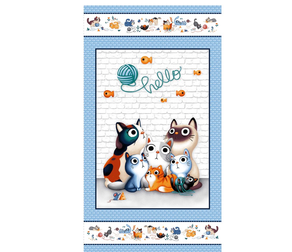 Feline Friends Hello Cat Panel 100% Cotton Print Fabric
