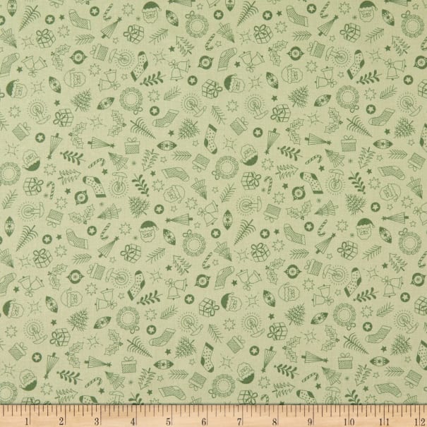 Fat Quarter Little Christmas Things On Green 100% Cotton Quilting Fabric