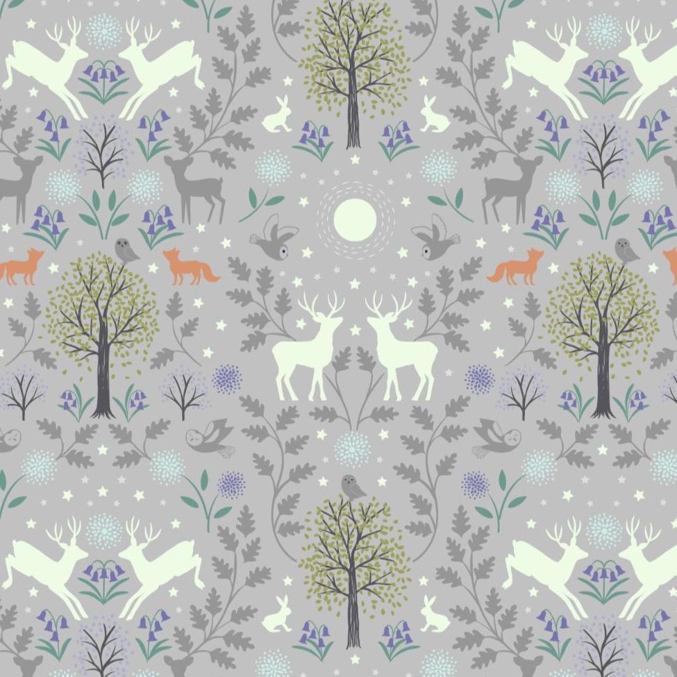 Fat Quarter Glow In The Dark Mirrored Woodland On Grey 100% Quilting Fabric