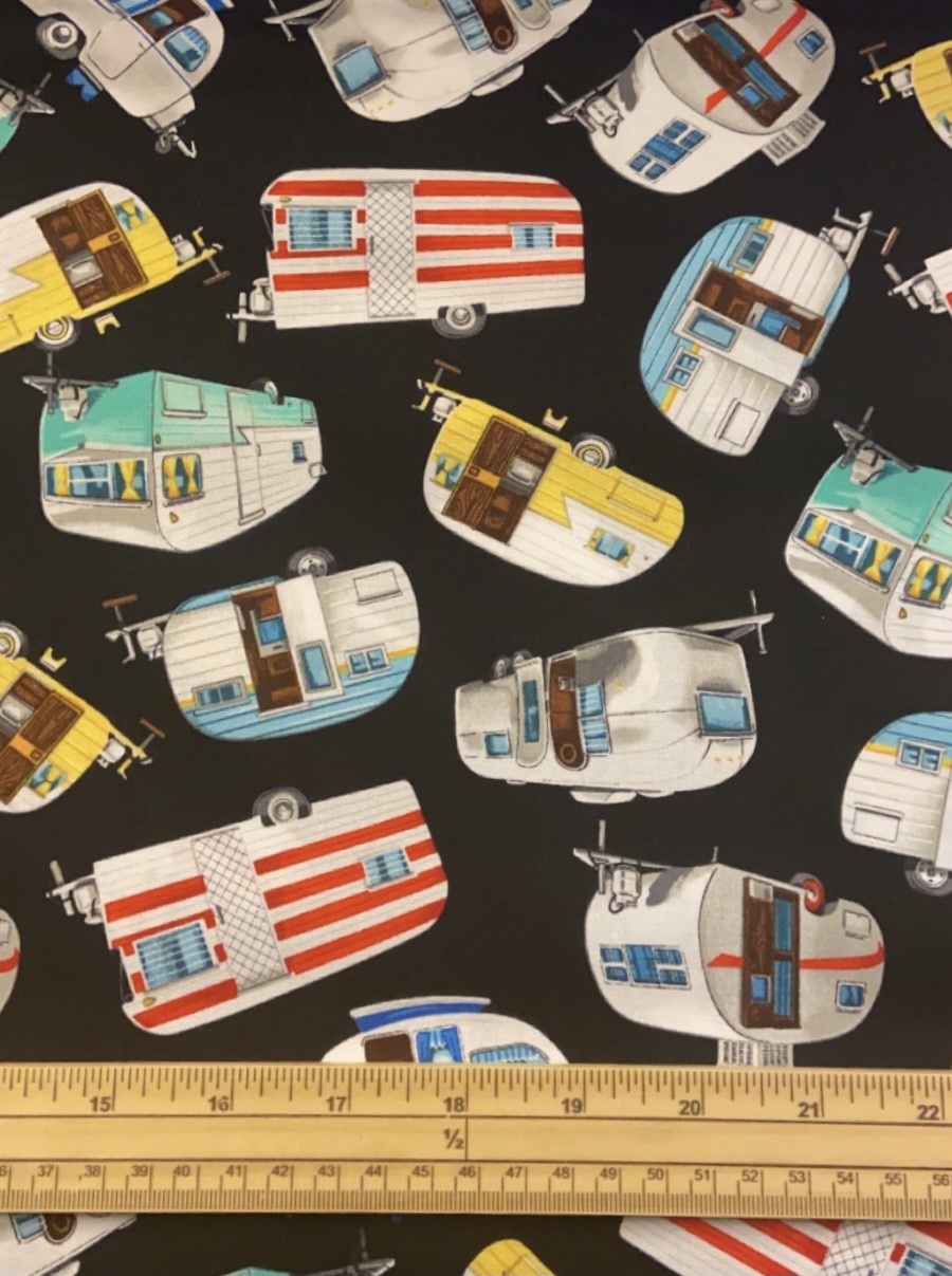 Fat Quarter Colorful Retro Caravans On Black 100% Cotton Quilting Fabric