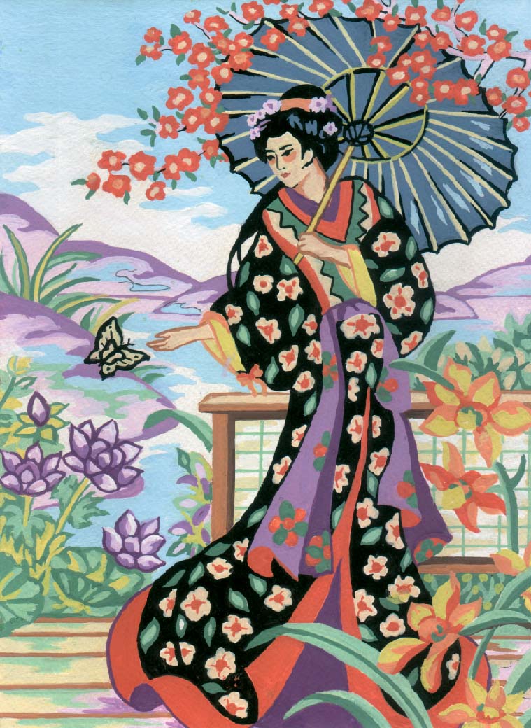 Japanese Geisha with Umbrella Tapestry / Needlepoint Canvas - 8.5” x 11.75”