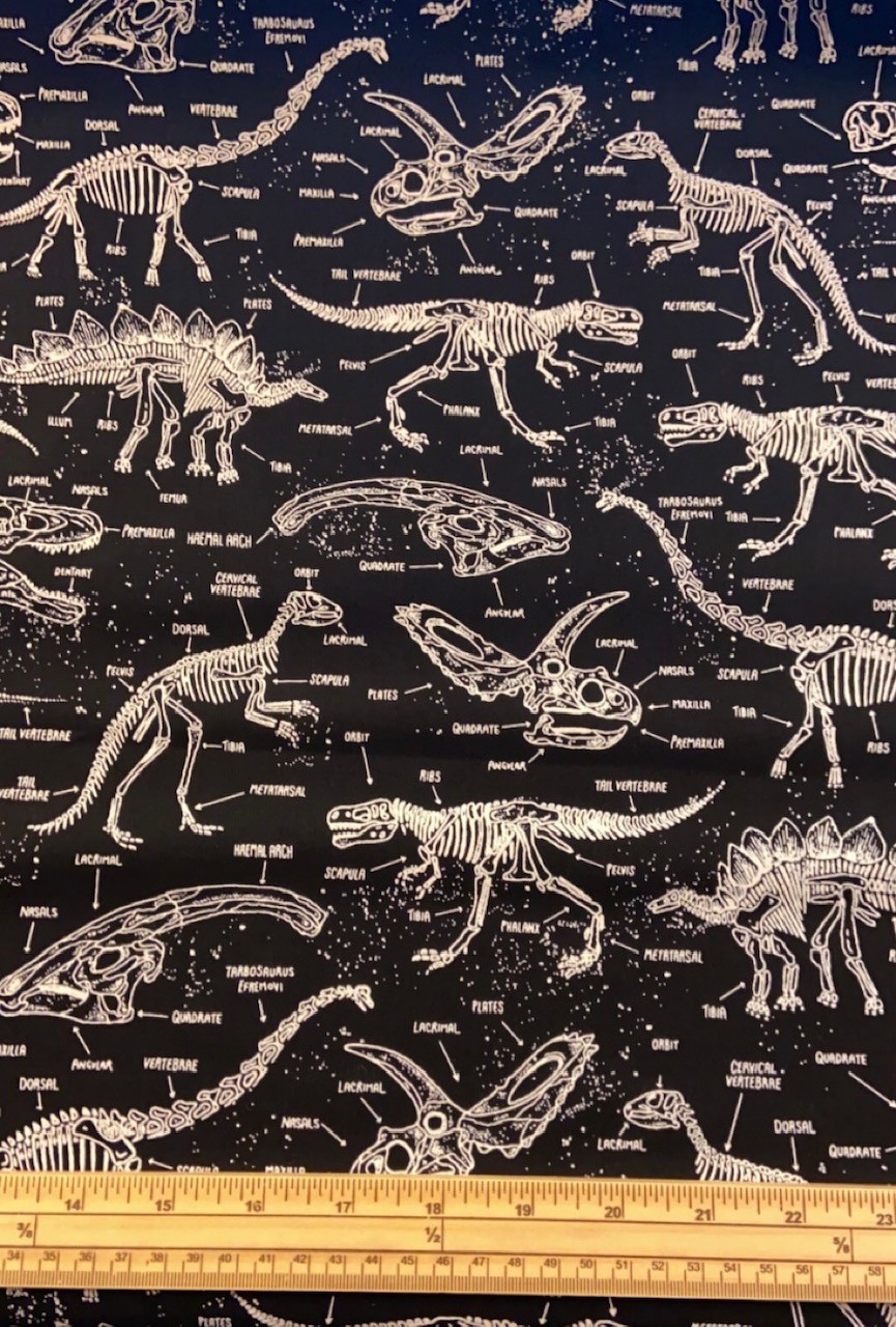 Fat Quarter Dinosaur Skeletons Glow In Dark On Black 100% Cotton Quilting Fabric