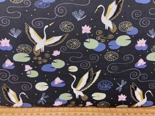 Fat Quarter Black Heron Lake With Gold Metallic 100% Cotton Quilting Fabric