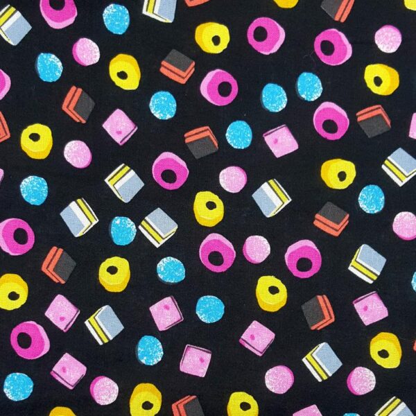 Fat Quarter Allsorts Rainbow Sweets On Black 100% Cotton Quilting Fabric