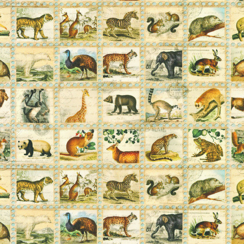 Fat Quarter Library Of Rarities Vintage Wild Animals Stamps 100% Cotton Fabric